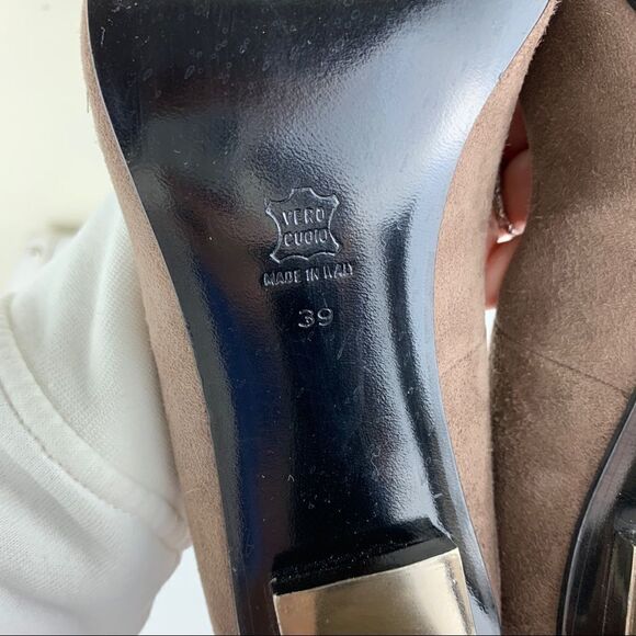 Diego Dolcini Taupe Suede Snip Toe Pumps Gold Heel - Picture 10 of 13